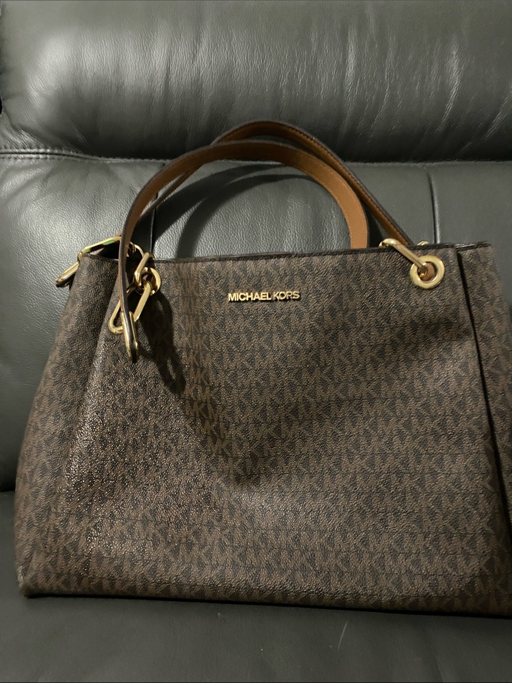 Michael Kors Brown MK Logo Shoulder Tote with Gold Hardware